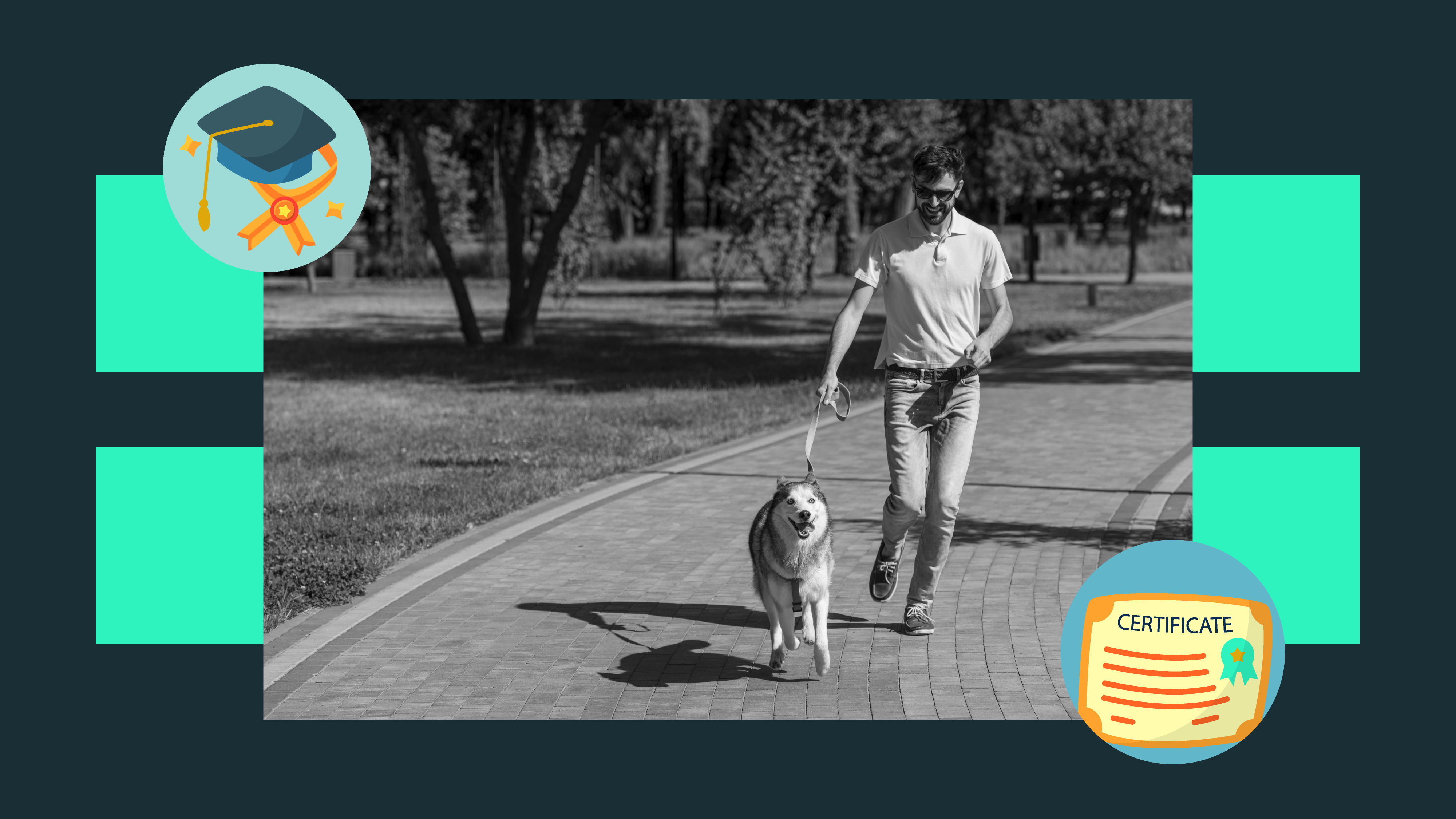 Image of a man walking a dog, with a certificate superimposed
